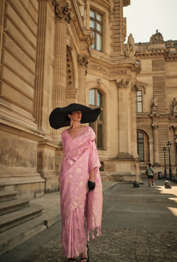 Flamingo Pink Gota Handloom Woven Silk Saree