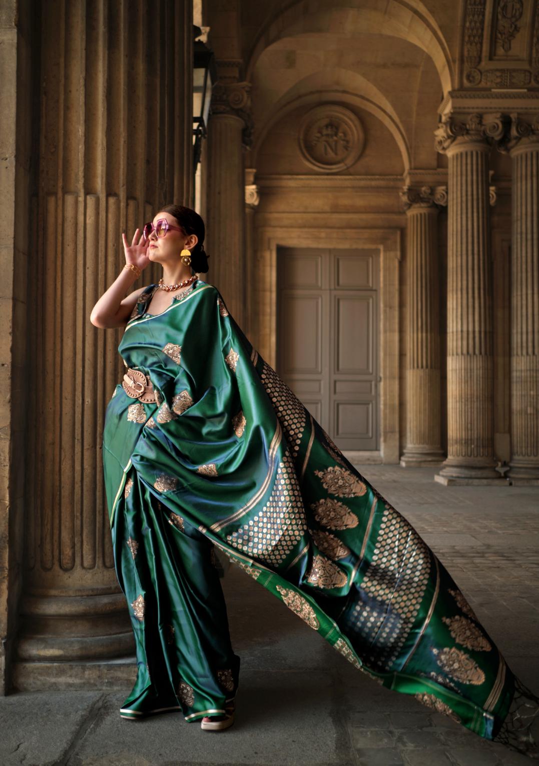 Hunter Green Dual Zari Motifs Satin Silk Saree