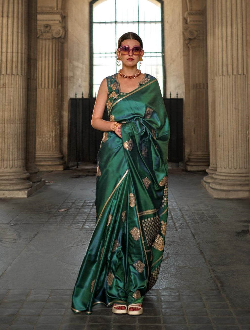 Hunter Green Dual Zari Motifs Satin Silk Saree