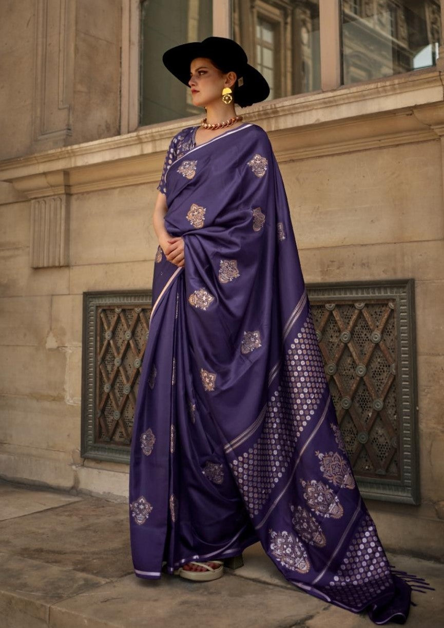 Deep Purple Dual Zari Motifs Satin Silk Saree