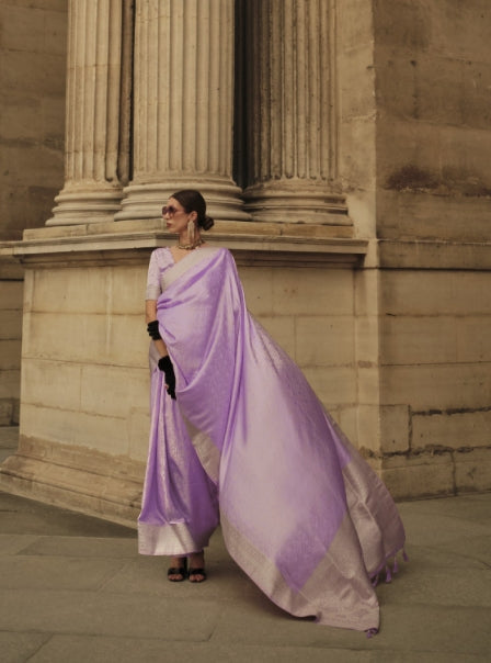 Light Purple Handloom Woven Satin Silk Saree