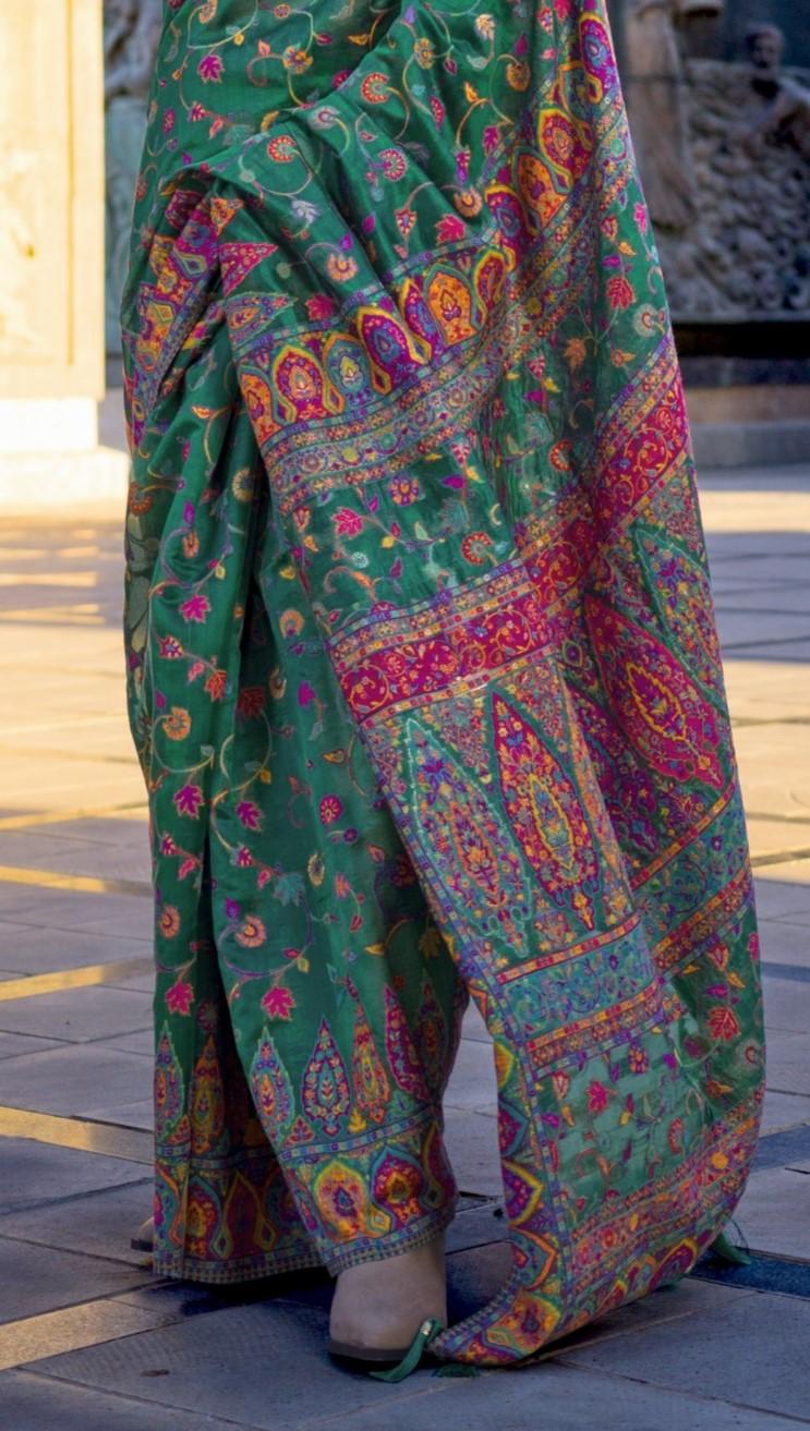 Emerald Green Kashmiri Kani Handloom Woven Silk Saree