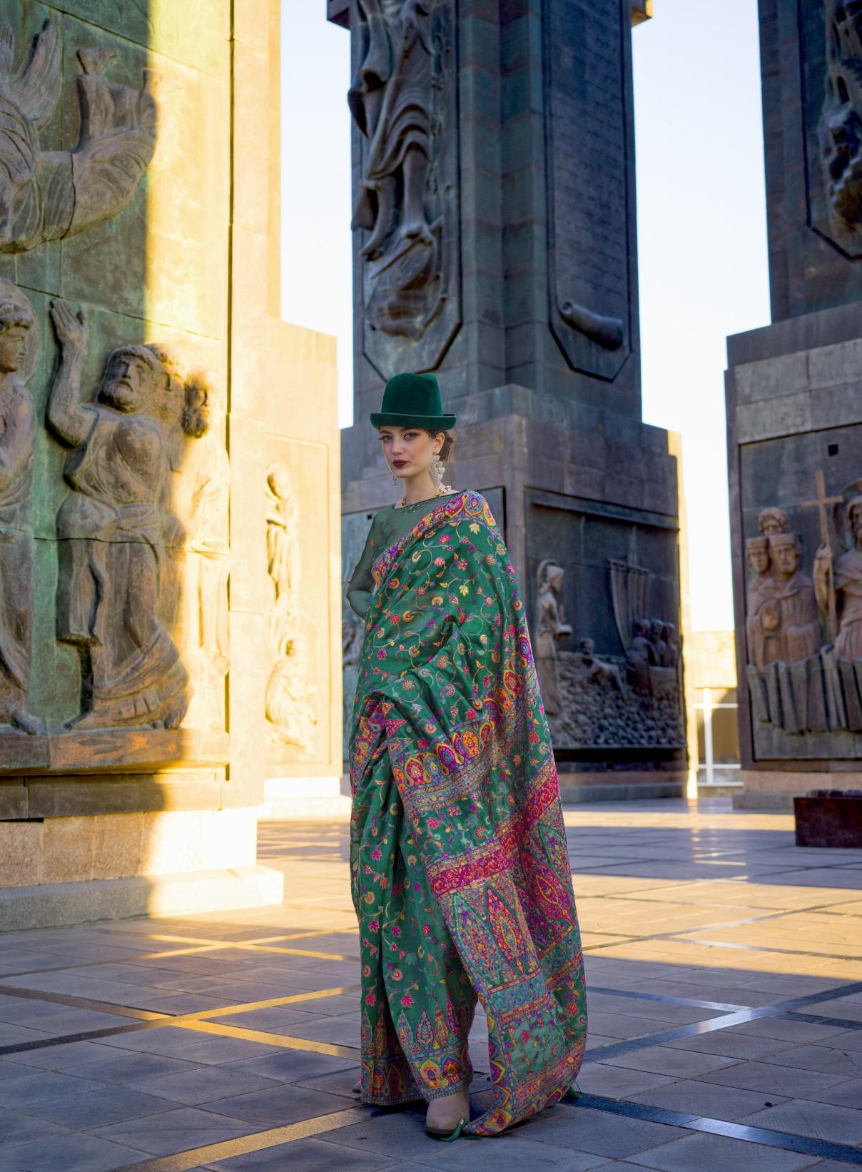 Emerald Green Kashmiri Kani Handloom Woven Silk Saree