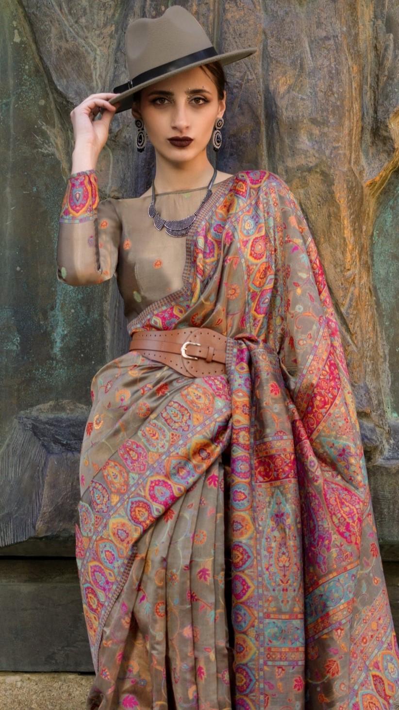 Cedar Brown Kashmiri Kani Handloom Woven Silk Saree