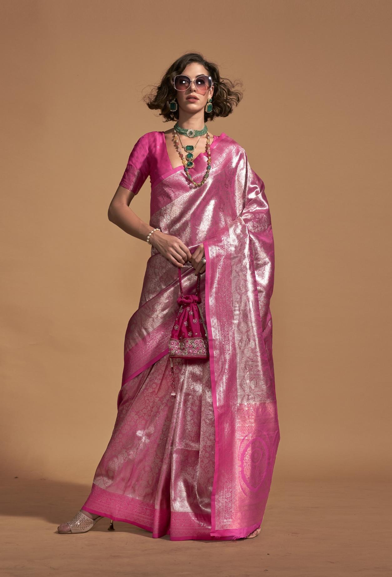 Rose Pink Brocade Woven Kanjivaram Silk Saree