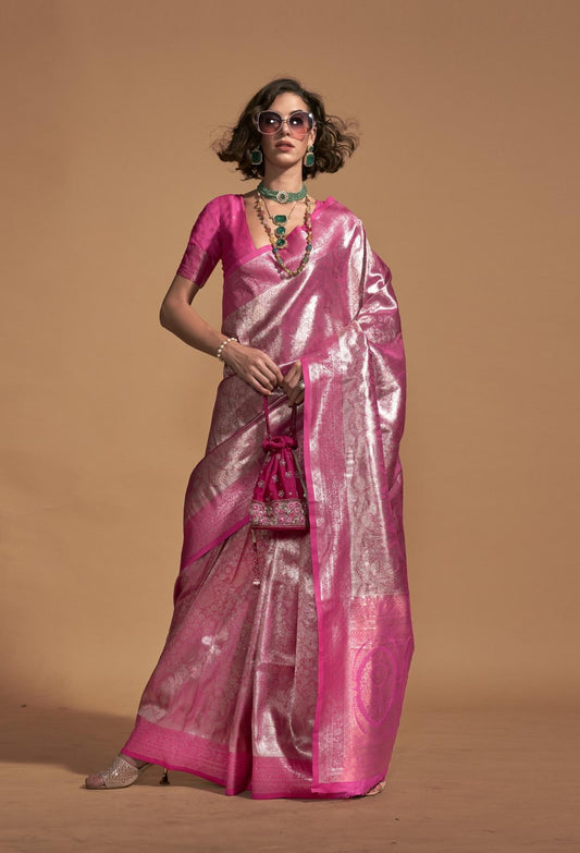 Rose Pink Brocade Woven Kanjivaram Silk Saree