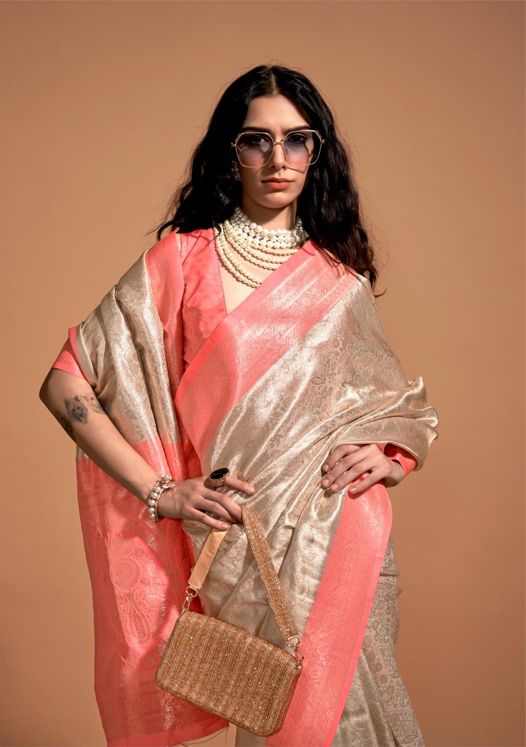 Peach Brocade Woven Kanjivaram Silk Saree