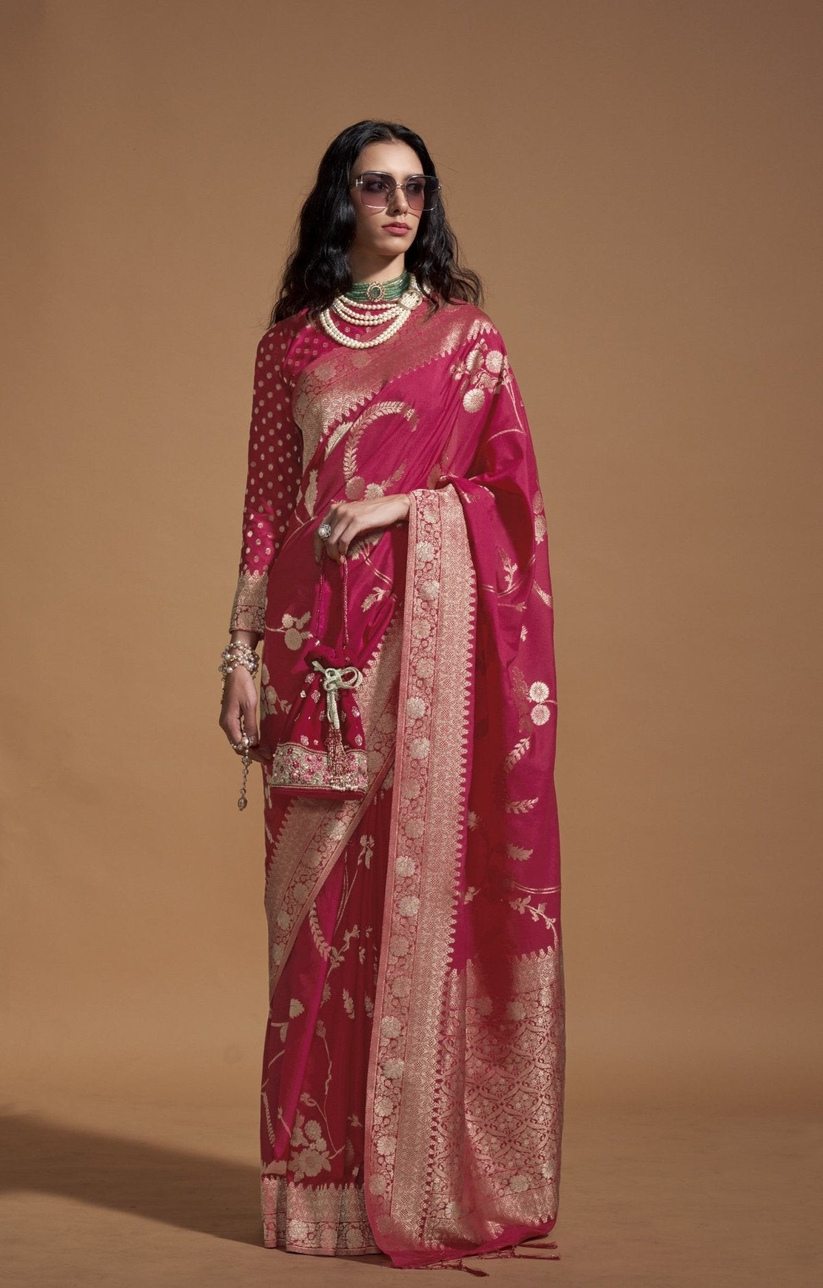 Raspberry Pink Georgette Silk Banarasi Saree