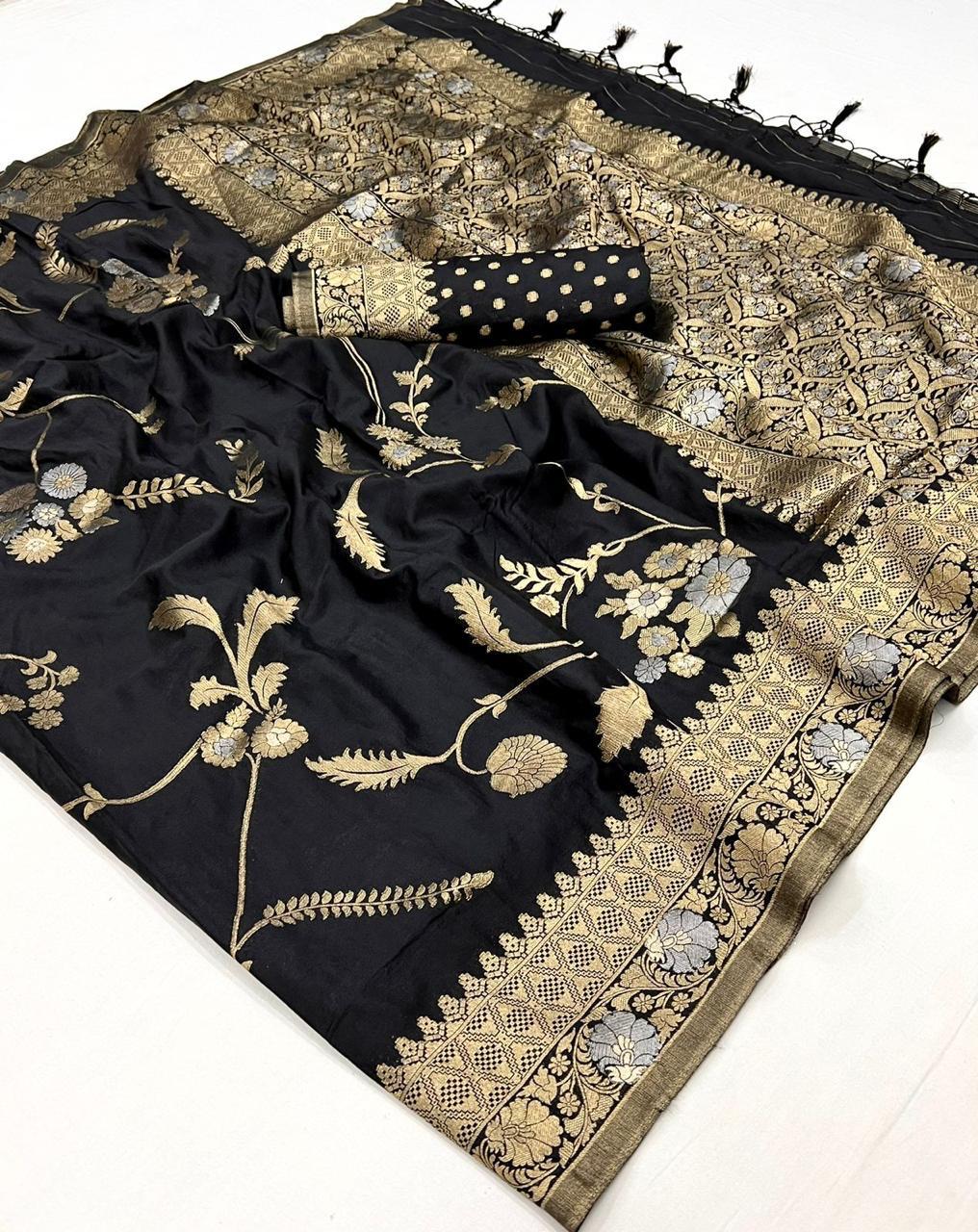 Coal Black Georgette Silk Banarasi Saree