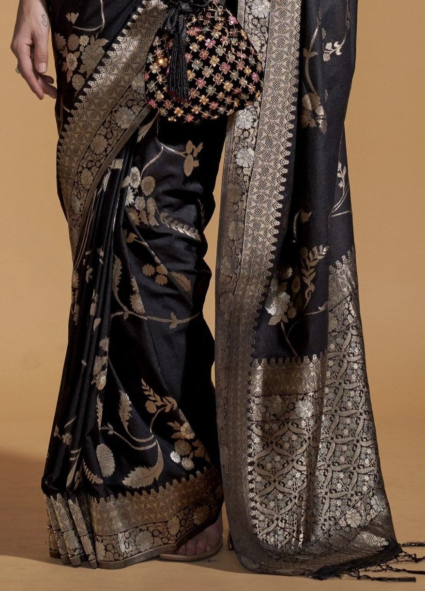 Coal Black Georgette Silk Banarasi Saree