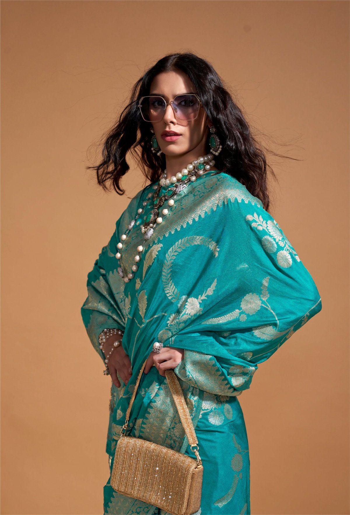 Ocean Blue Georgette Silk Banarasi Saree