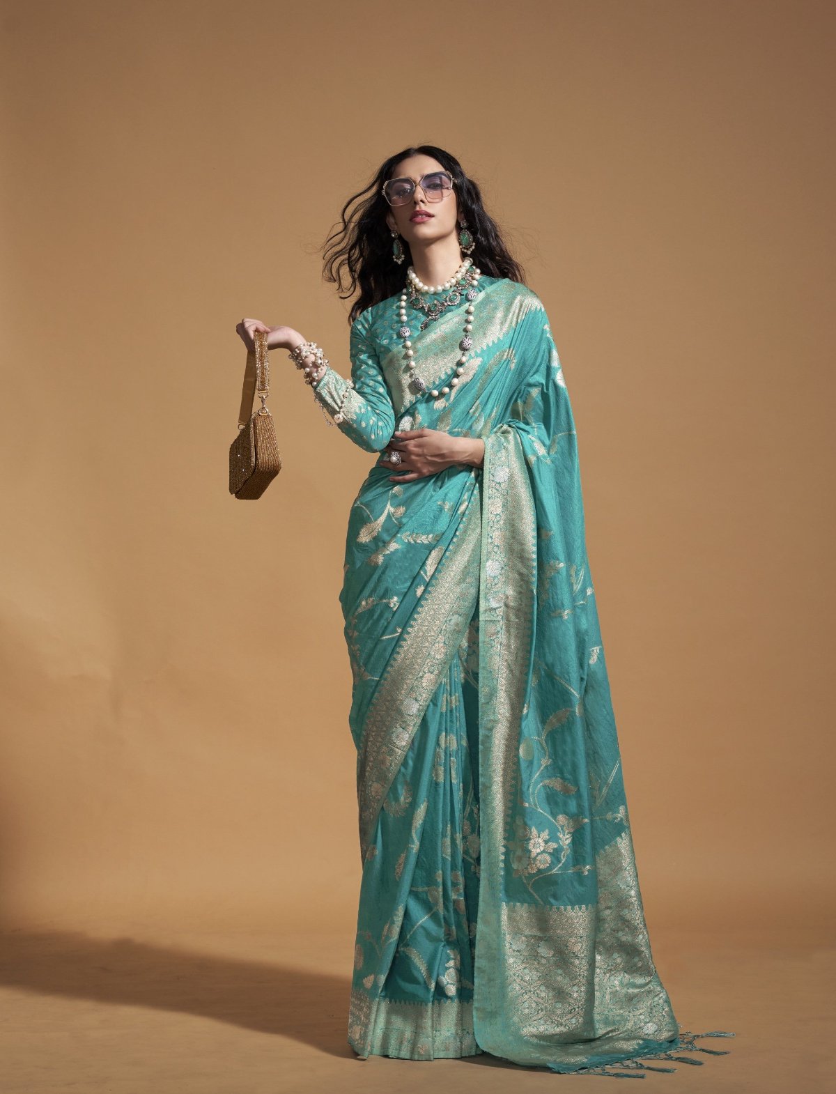 Ocean Blue Georgette Silk Banarasi Saree