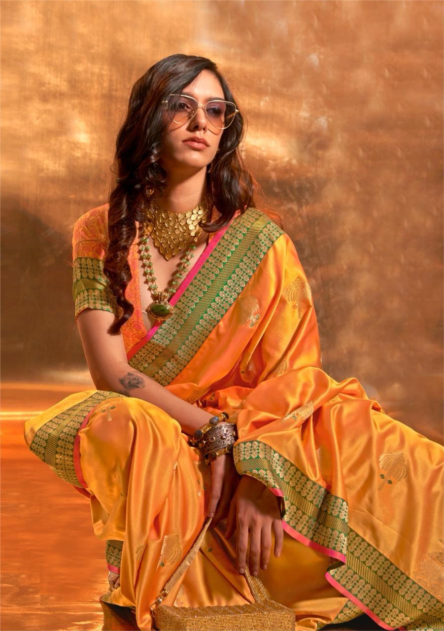 Turmeric Yellow Satin Silk Saree With Zari Motifs