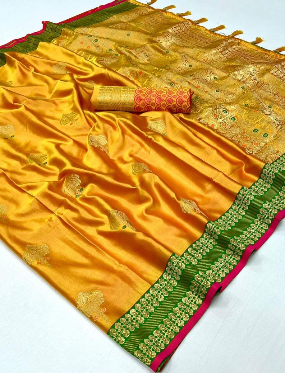 Turmeric Yellow Satin Silk Saree With Zari Motifs