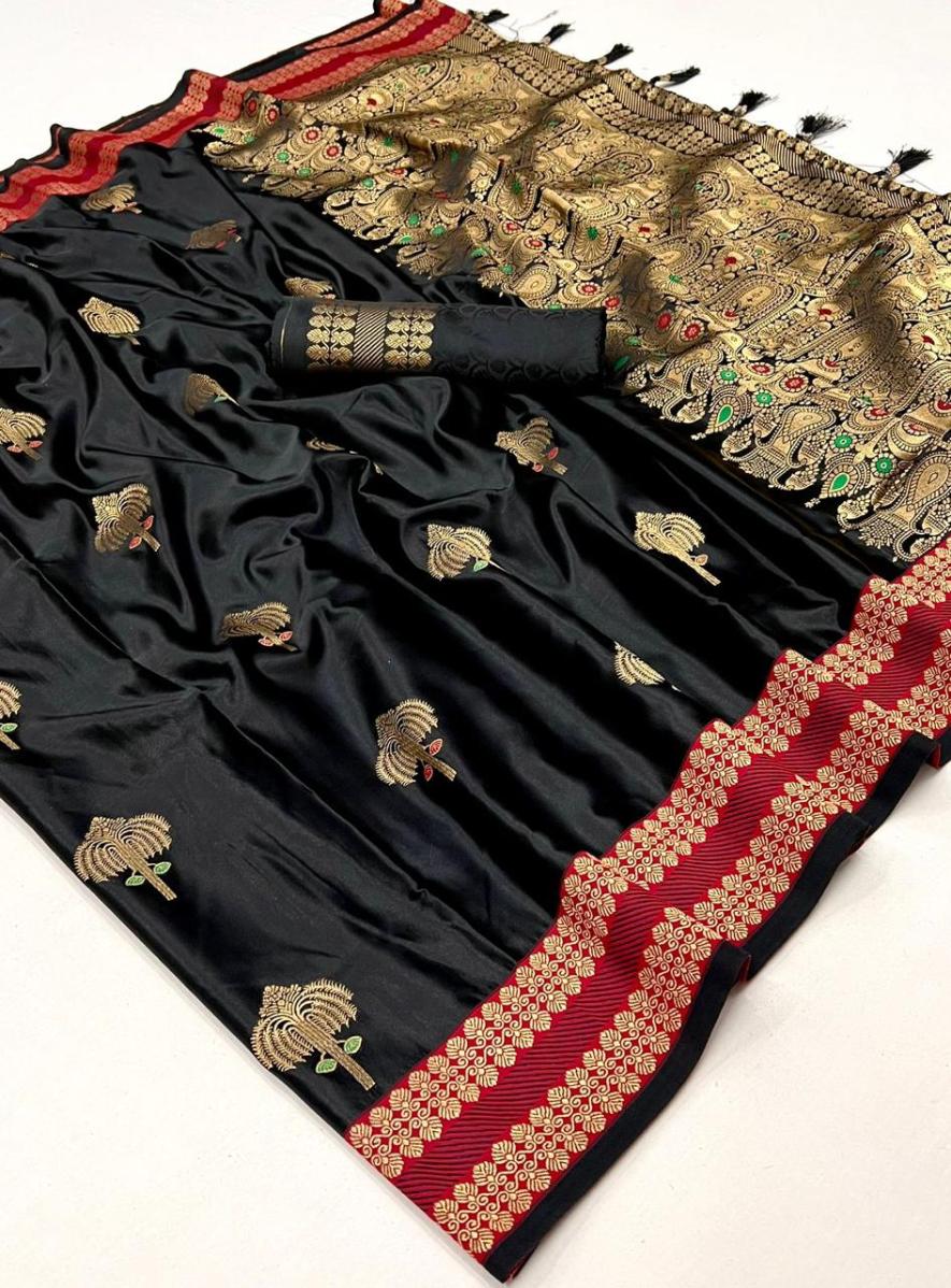 Shiny Black Satin Silk Saree With Zari Motifs