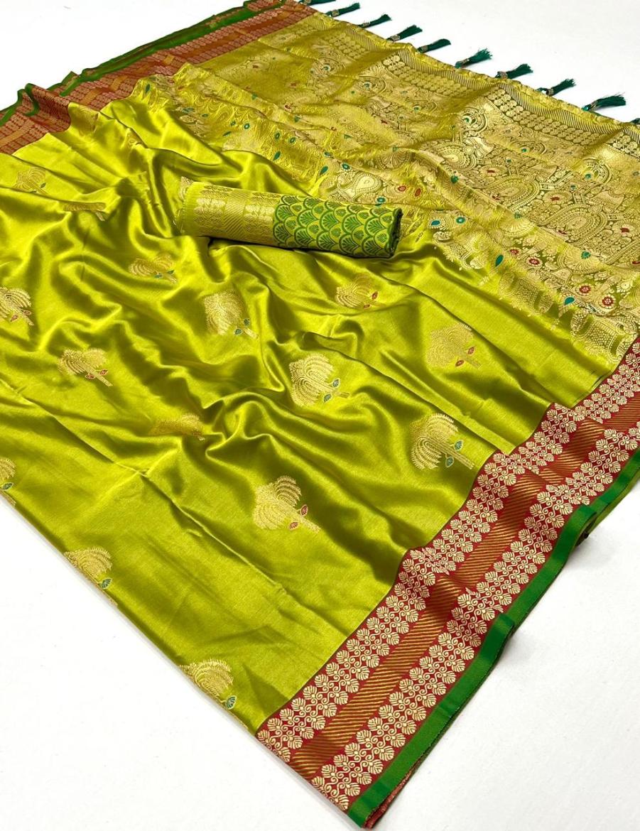 Parrot Green Satin Silk Saree With Zari Motifs