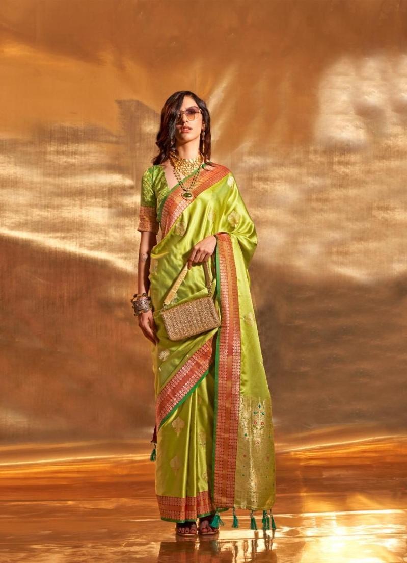 Parrot Green Satin Silk Saree With Zari Motifs