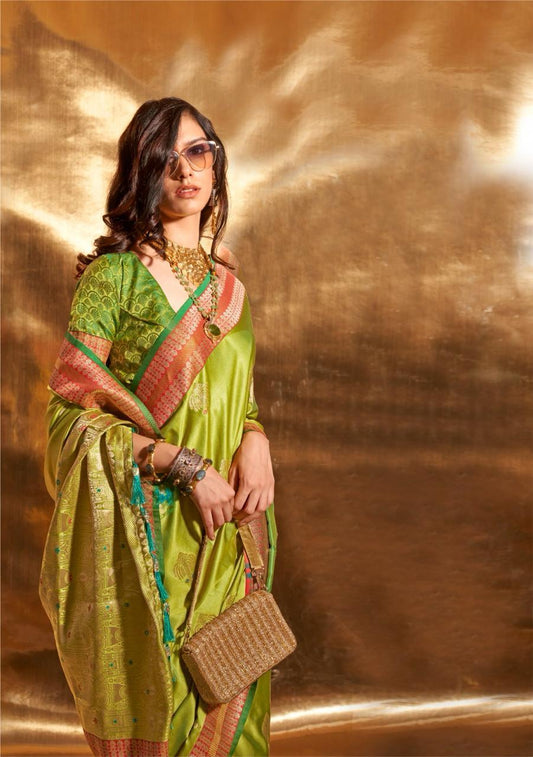 Parrot Green Satin Silk Saree With Zari Motifs