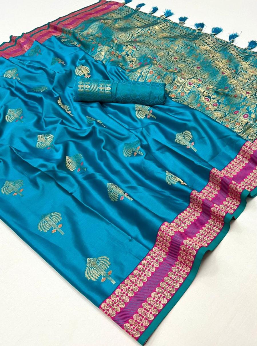 Sky Blue Satin Silk Saree With Zari Motifs