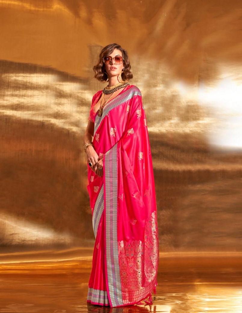 Hot Pink Satin Silk Saree With Zari Motifs