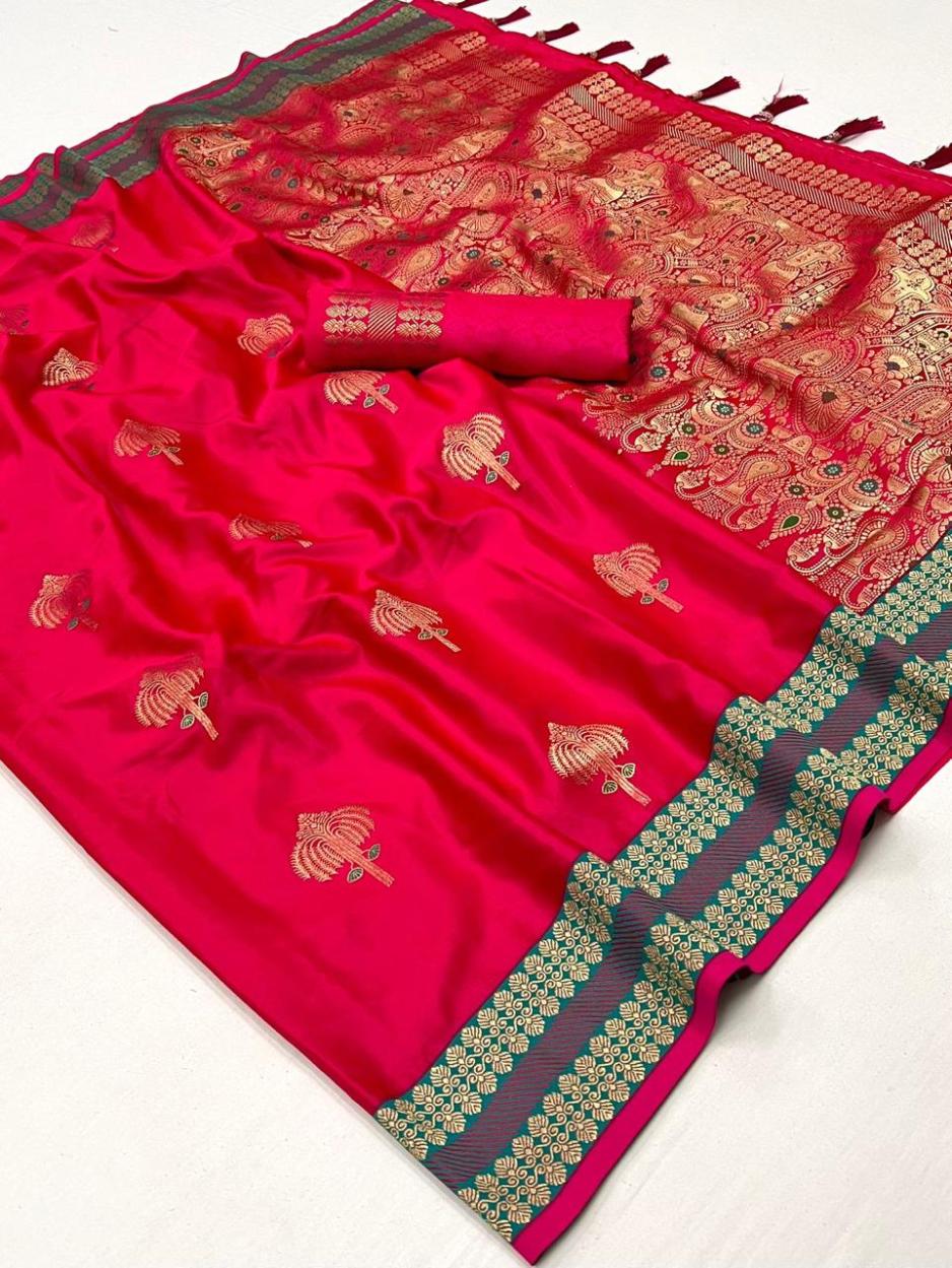 Hot Pink Satin Silk Saree With Zari Motifs