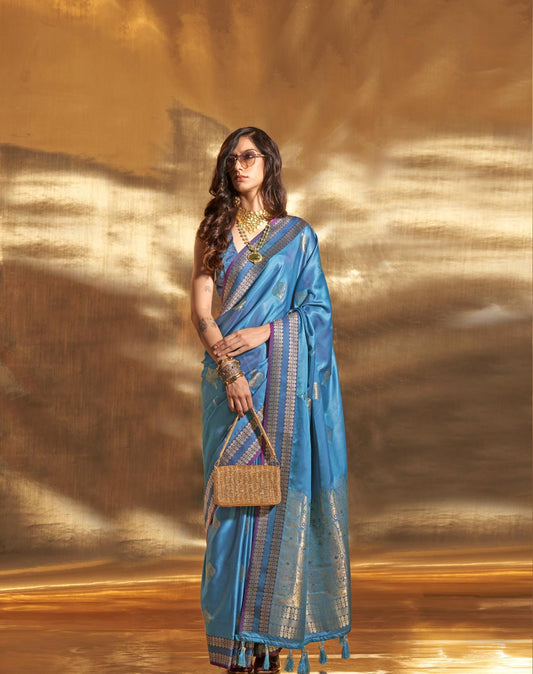 Cerulean Blue Satin Silk Saree With Zari Motifs