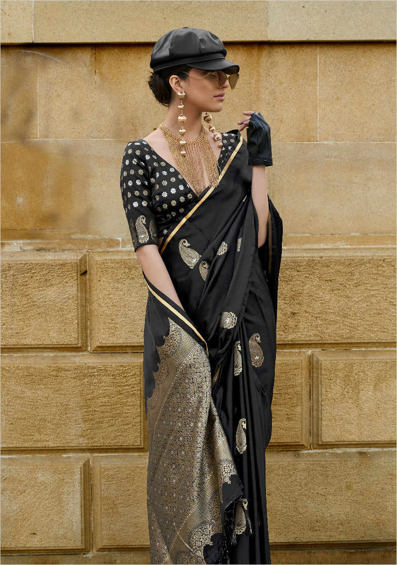 Coal Black Satin Silk Saree