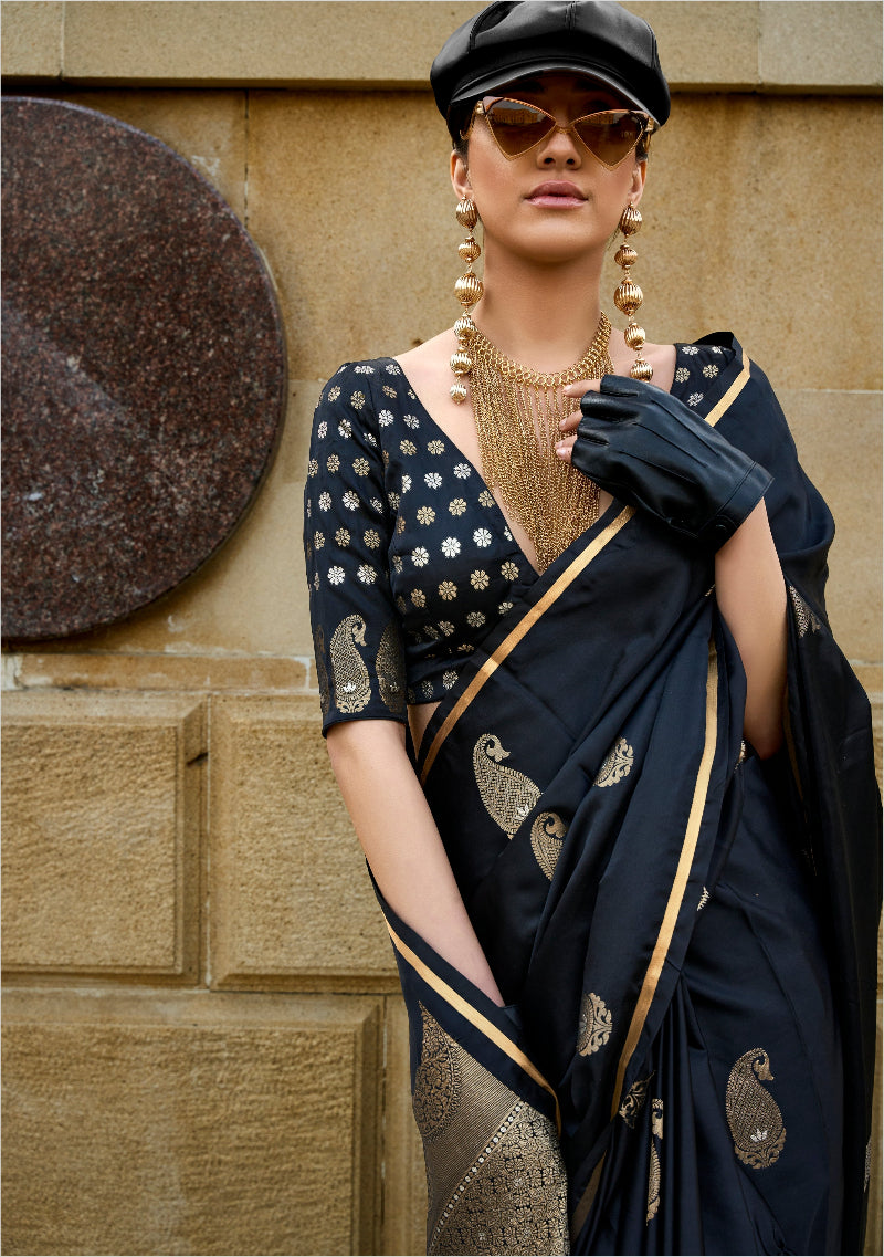 Coal Black Satin Silk Saree