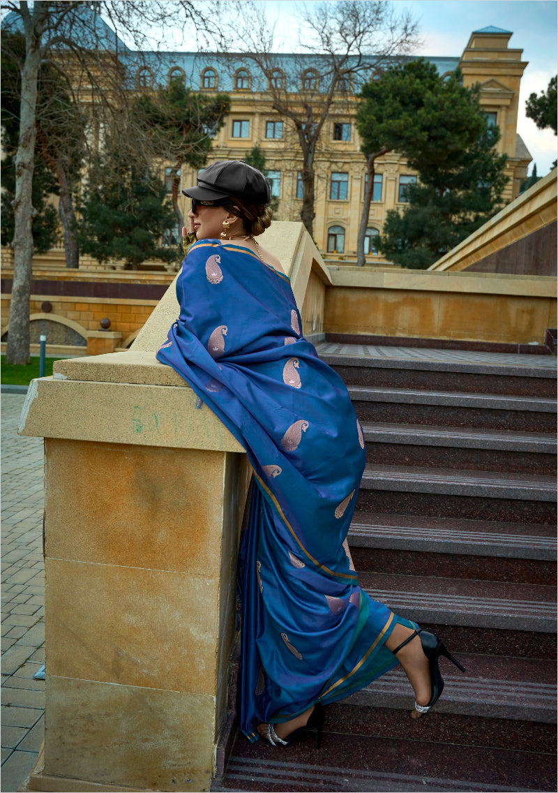 Peacock Blue Satin Silk Saree