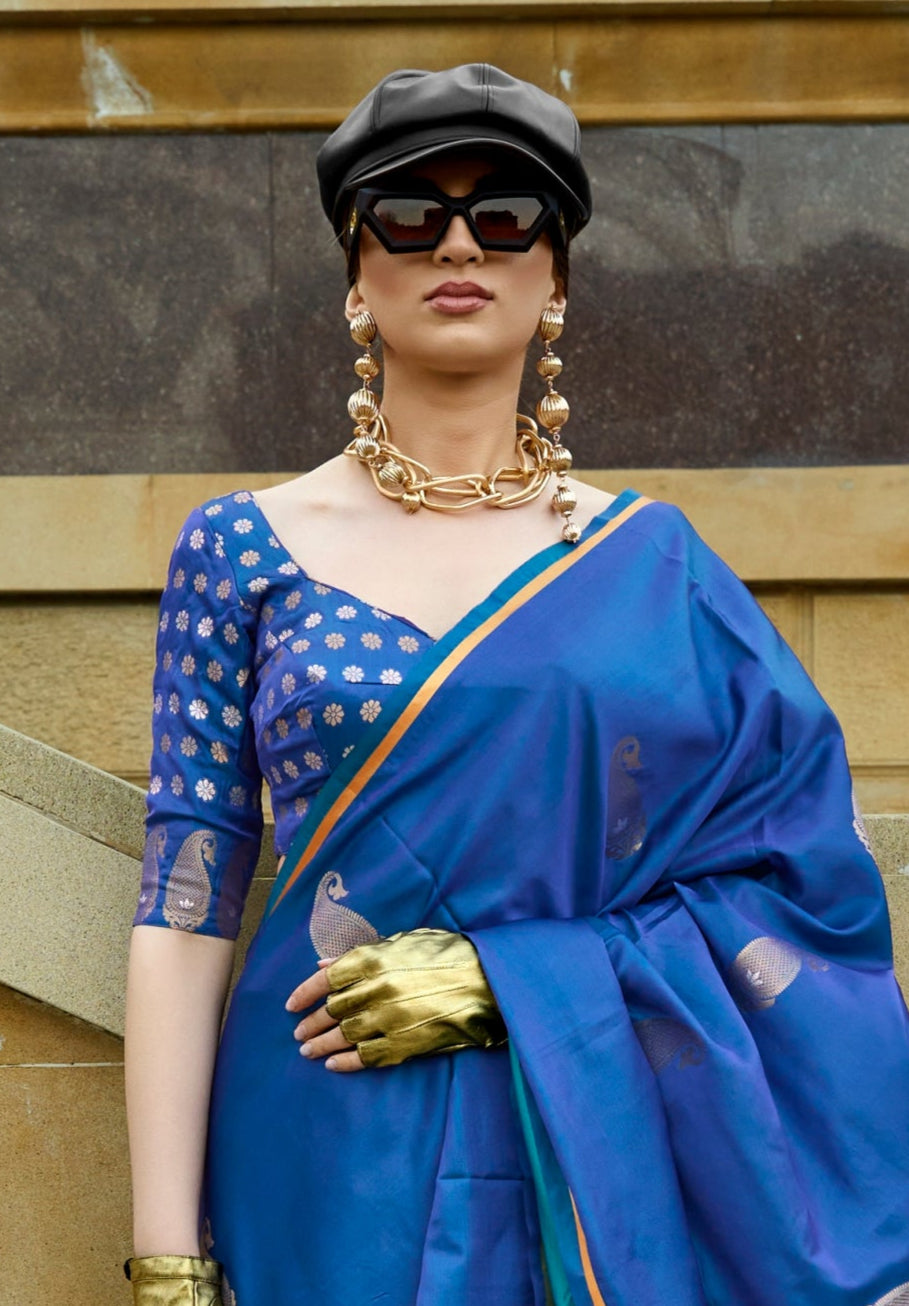 Peacock Blue Satin Silk Saree