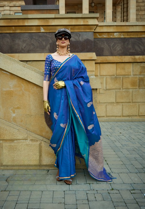 Peacock Blue Satin Silk Saree