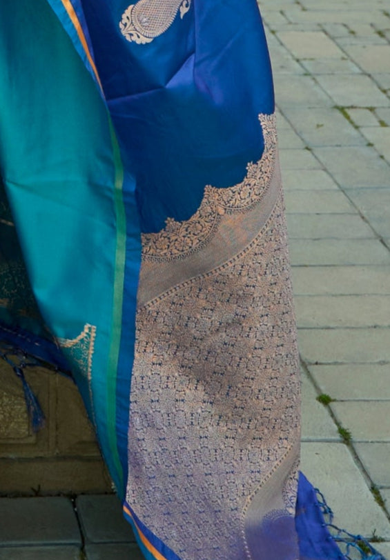 Peacock Blue Satin Silk Saree