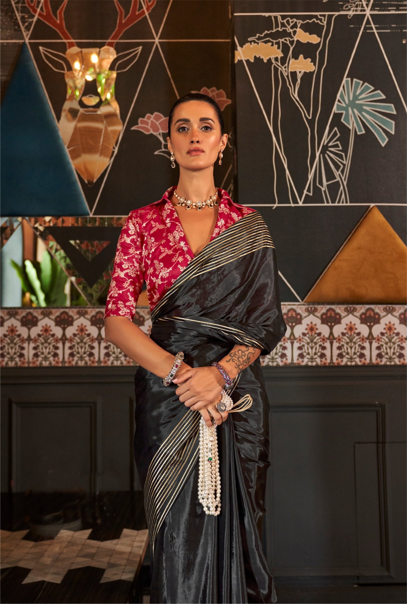 Admiral Black Soft Silk Saree With Brocade Blouse