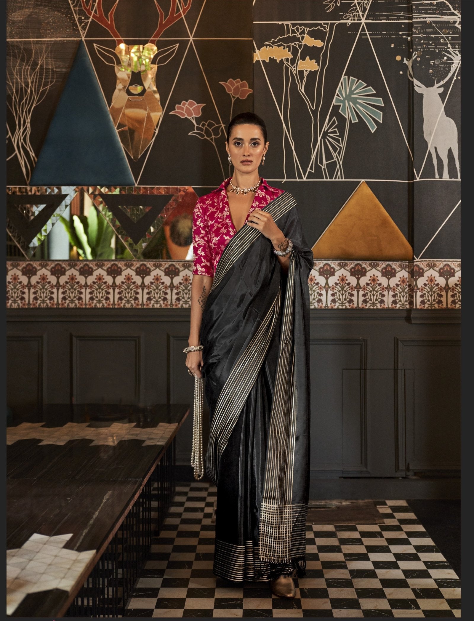 Admiral Black Soft Silk Saree With Brocade Blouse