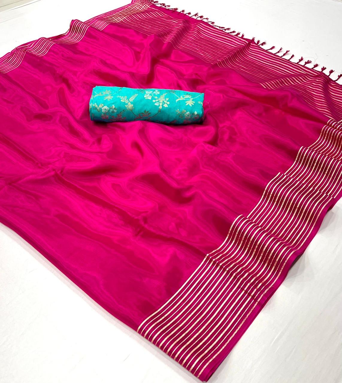 Hot Pink Soft Silk Saree With Brocade Blouse