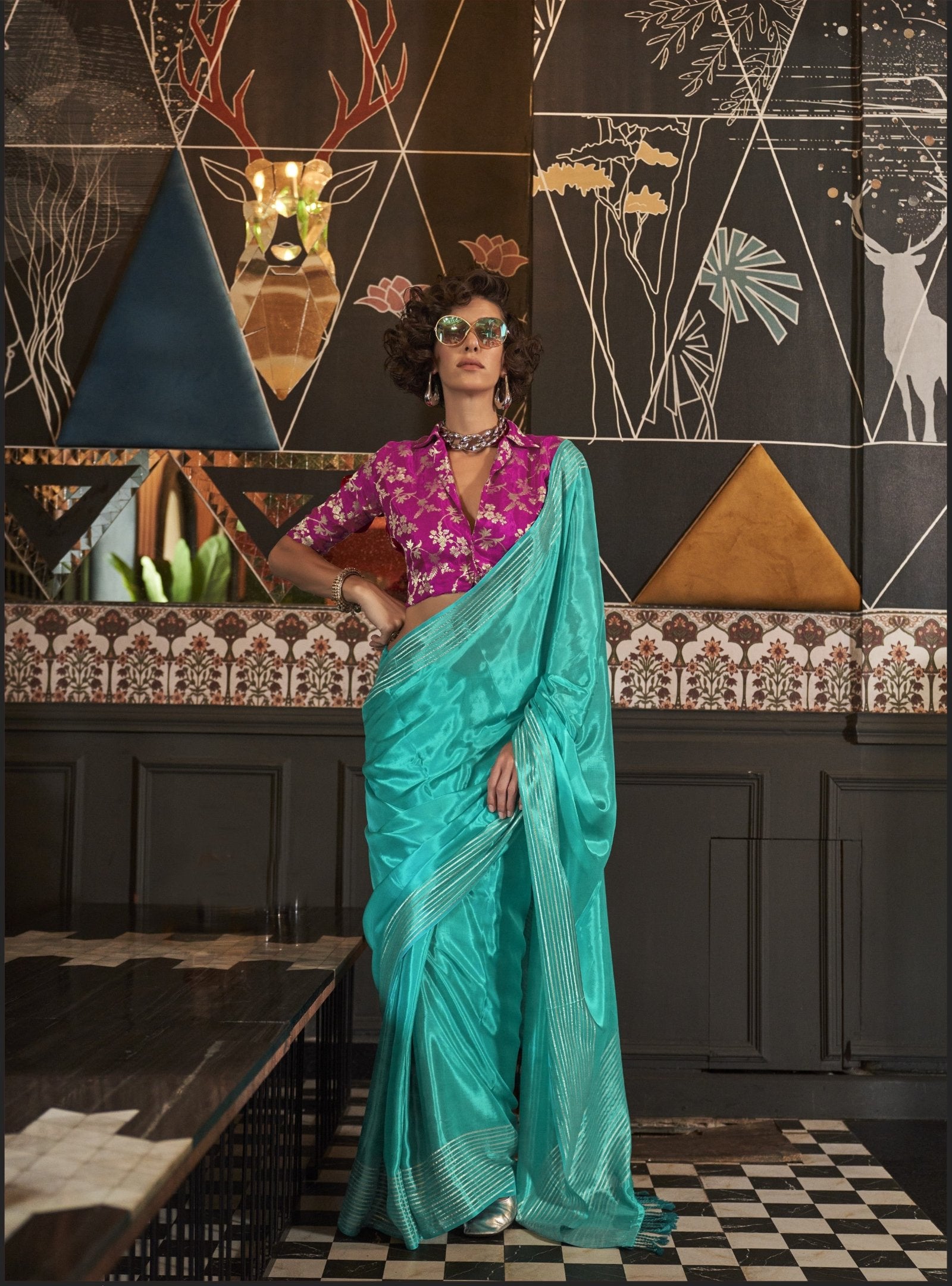 Turquoise Green Soft Silk Saree With Brocade Blouse