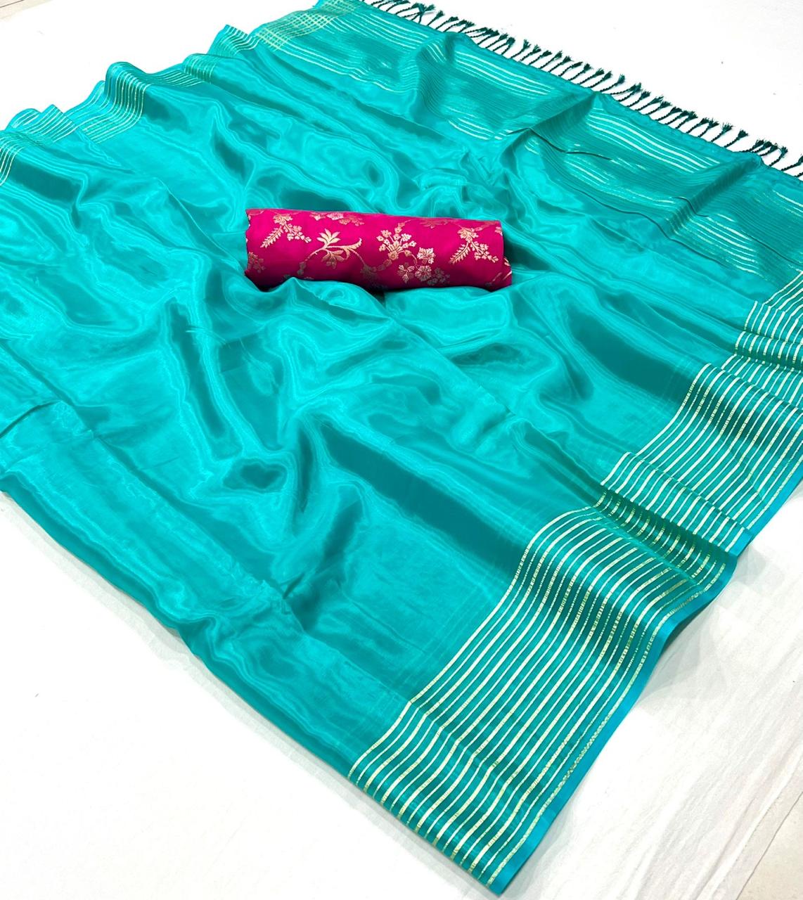 Turquoise Green Soft Silk Saree With Brocade Blouse