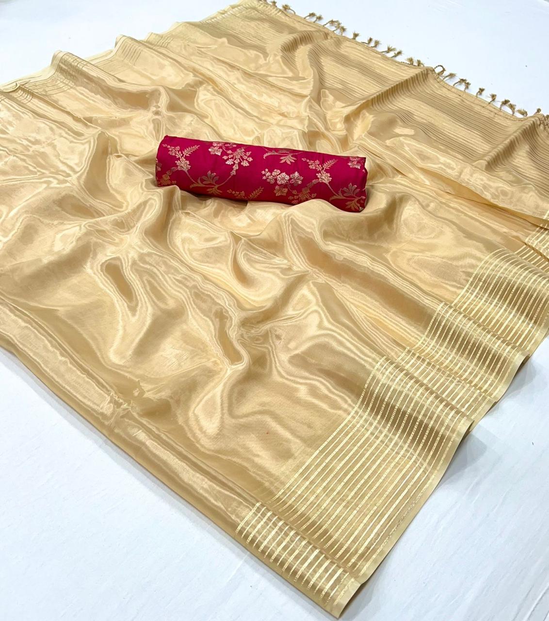 Butter Cream Soft Silk Saree With Brocade Blouse