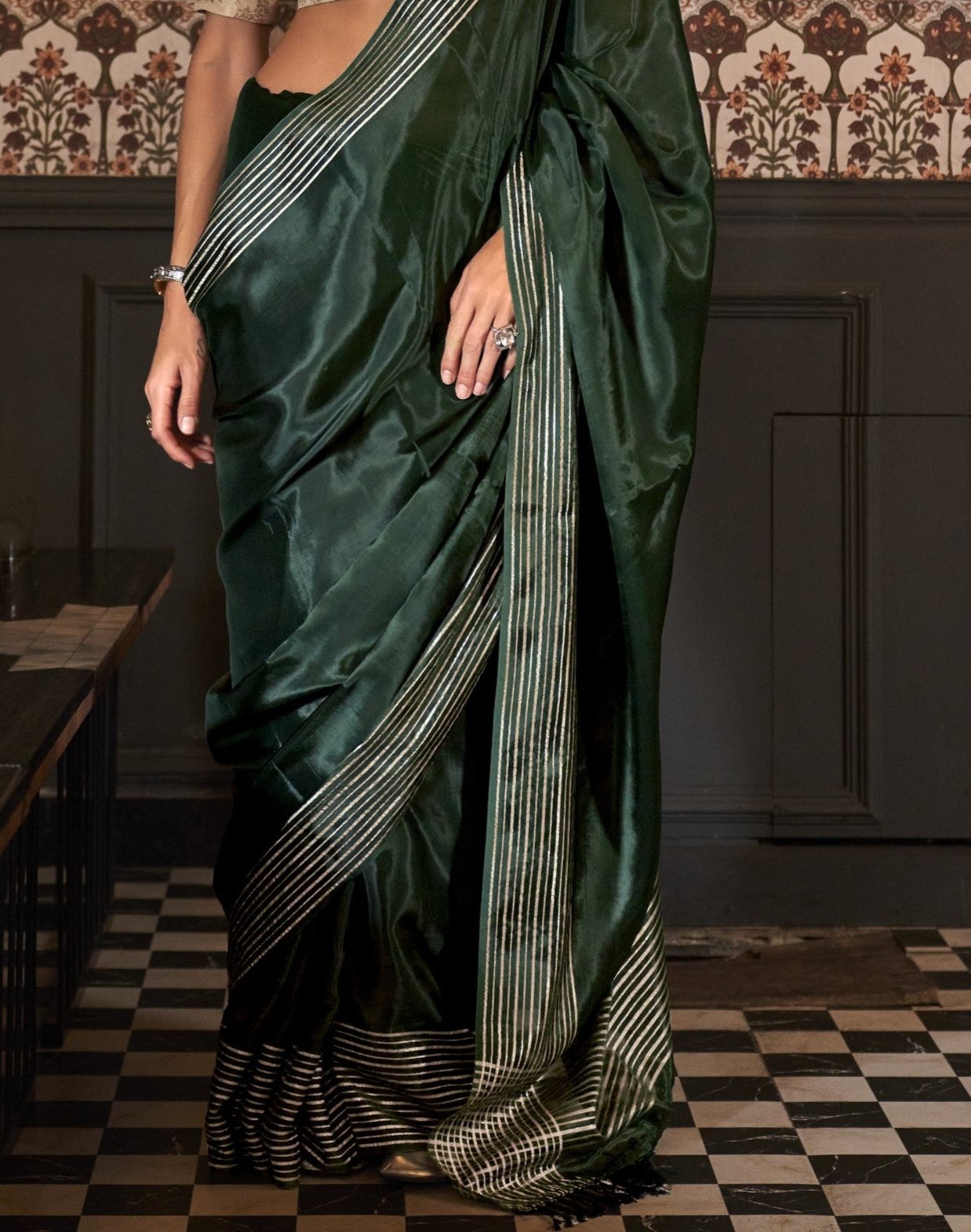 Pine Green Soft Silk Saree With Brocade Blouse