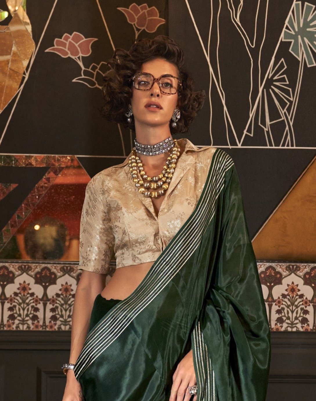 Pine Green Soft Silk Saree With Brocade Blouse