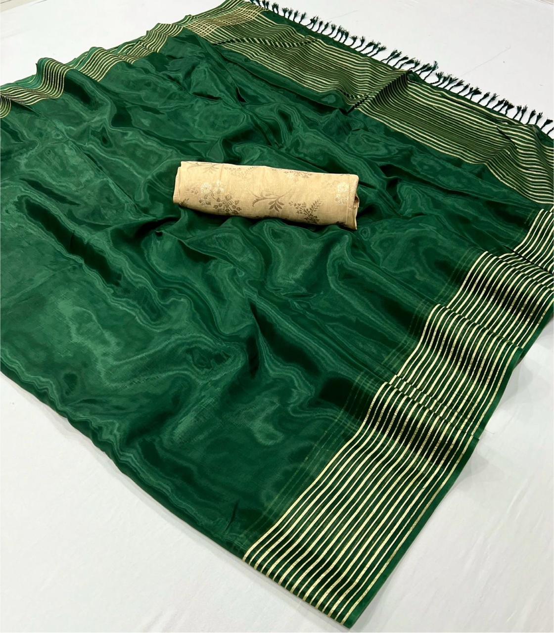 Pine Green Soft Silk Saree With Brocade Blouse