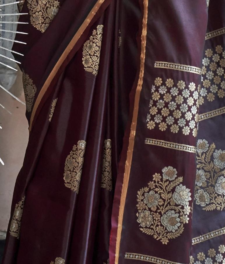 Deep Mauve Satin Silk Saree With Dual Zari Motifs