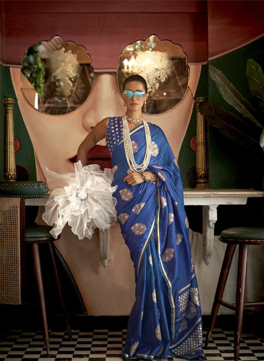 Azure Blue Satin Silk Saree With Dual Zari Motifs