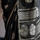 Black Satin Silk Saree With Dual Zari Motifs