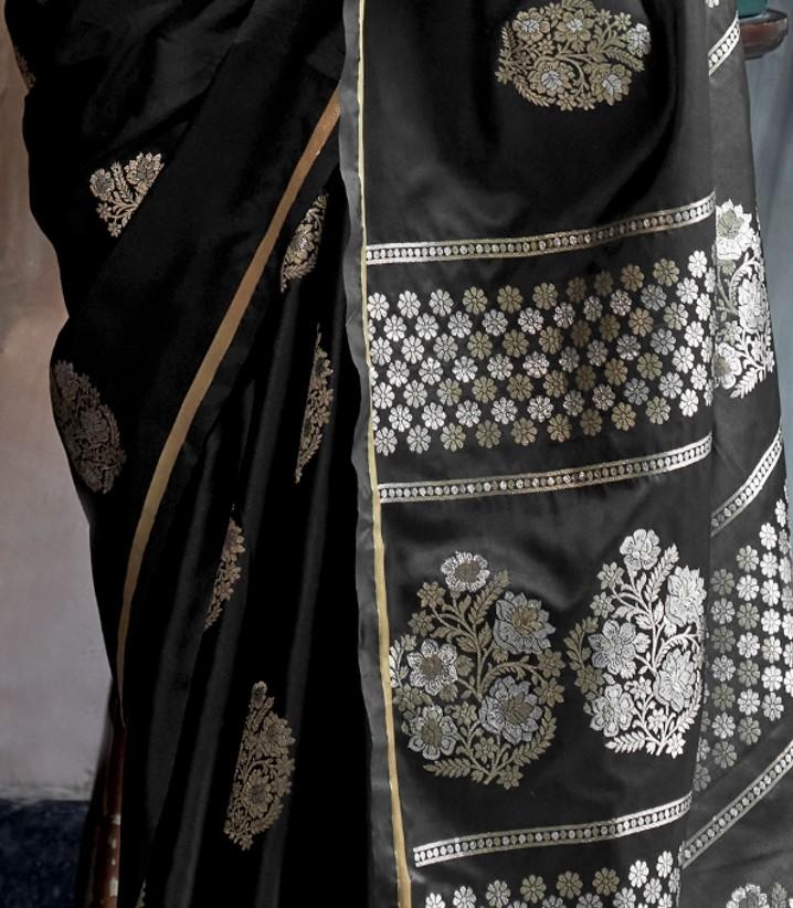 Black Satin Silk Saree With Dual Zari Motifs