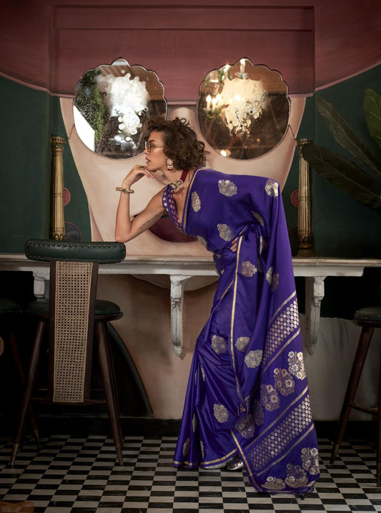 Eggplant Purple Satin Silk Saree With Dual Zari Motifs