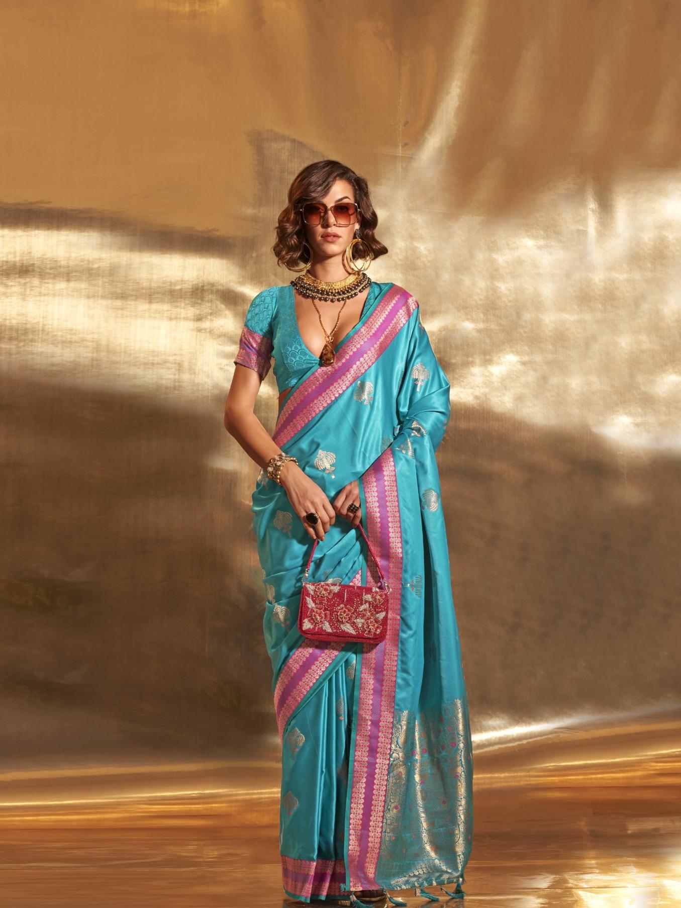 Sky Blue Satin Silk Saree With Zari Motifs