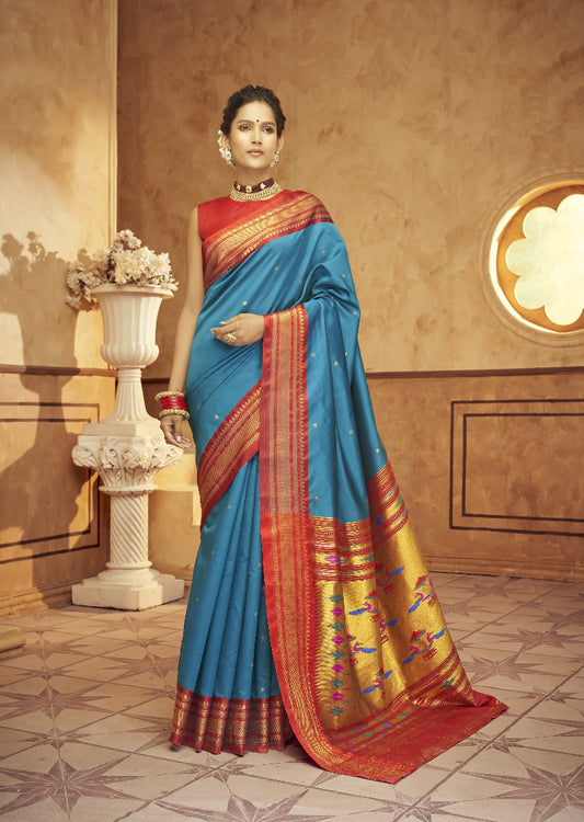 Teal Blue Paithani Soft Silk Saree