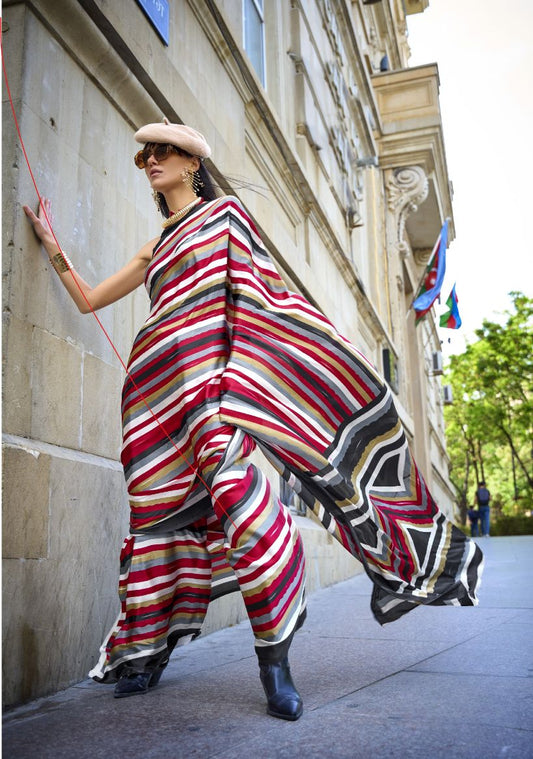 Deep Red & Golden Striped Printed Satin Crepe Silk Statement Saree