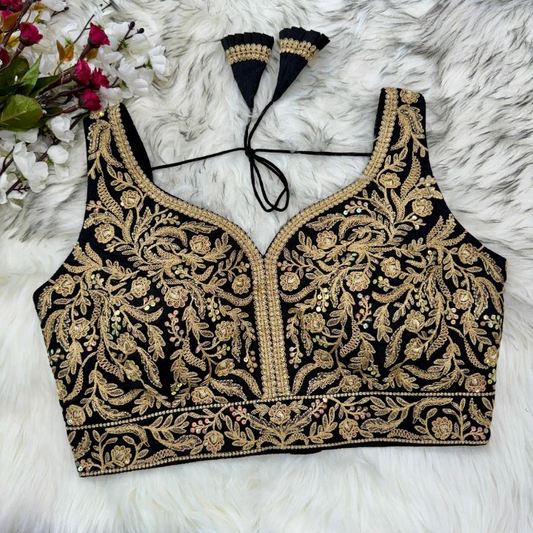 Black Heavy Zari Embroidered Designer Blouse With Elbow Sleeves